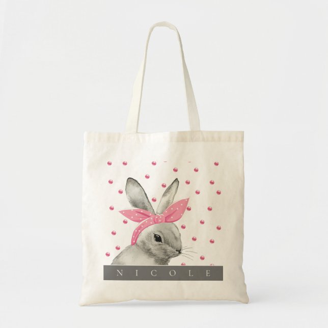 Cute Bunny Pink Bow Personalized Tote Bag (Front)