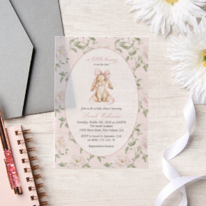 Cute Bunny, Pink Bow, Pink Flowers, Baby Shower Vellum Invitations