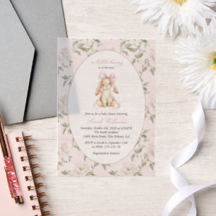 Cute Bunny, Pink Bow, Pink Flowers, Baby Shower Vellum Invitations