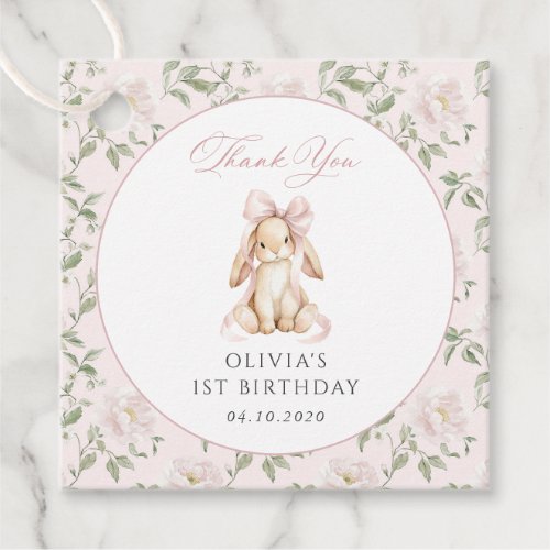 Cute Bunny, Pink Bow, Pink Flowers, First Birthday Favor Tags