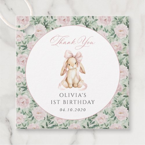 Cute Bunny, Pink Bow, Pink Flowers, First Birthday Favor Tags