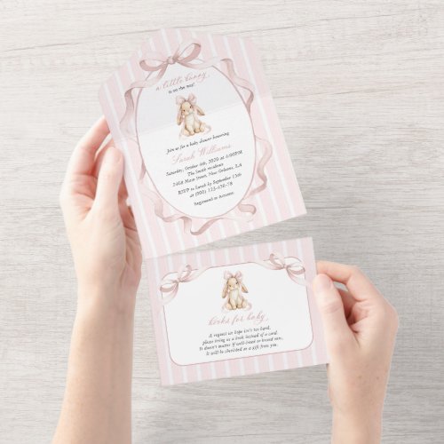 Cute Bunny, Pink Bow, Pink Stripes, Baby Shower All In One Invitation