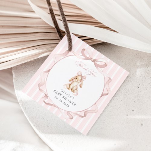 Cute Bunny, Pink Bow, Pink Stripes, Baby Shower Favor Tags