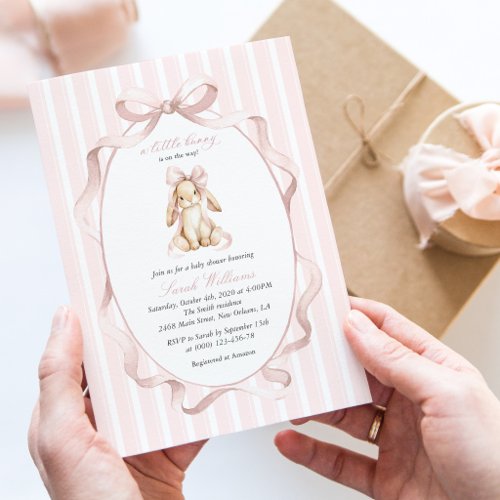 Cute Bunny, Pink Bow, Pink Stripes, Baby Shower Invitation