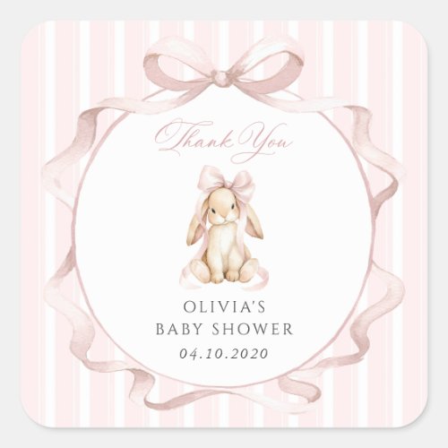 Cute Bunny, Pink Bow, Pink Stripes, Baby Shower Square Sticker