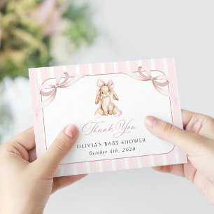 Cute Bunny, Pink Bow, Pink Stripes, Baby Shower Thank You Card