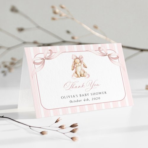 Cute Bunny, Pink Bow, Pink Stripes, Baby Shower Thank You Card