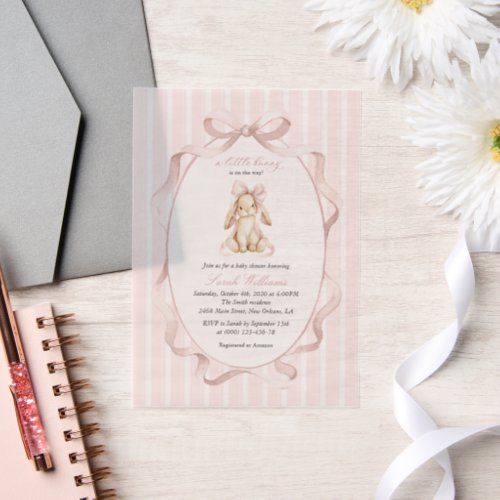 Cute Bunny, Pink Bow, Pink Stripes, Baby Shower Vellum Invitations