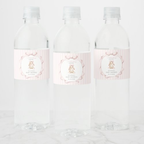 Cute Bunny, Pink Bow, Pink Stripes, Baby Shower Water Bottle Label