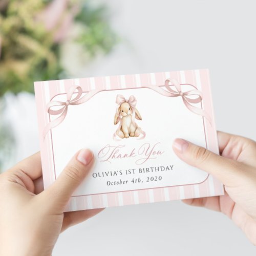 Cute Bunny, Pink Bow, Pink Stripes, First Birthday Thank You Card