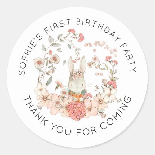 Cute Bunny Pink Floral 1st Birthday Thank You  Classic Round Sticker