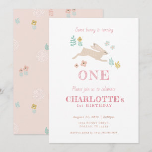 Cute Bunny Pink Floral Kid Girl's First Birthday  Invitation