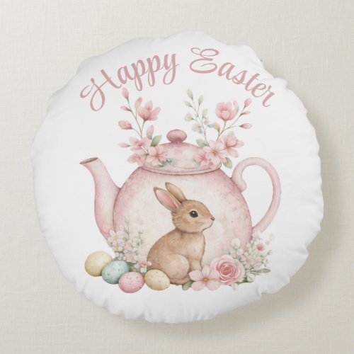 Cute Bunny & Pink Floral Teapot Happy Easter Round Pillow