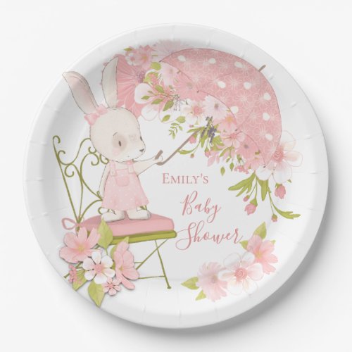 Cute Bunny Pink Florals Girl Baby Shower Paper Plates