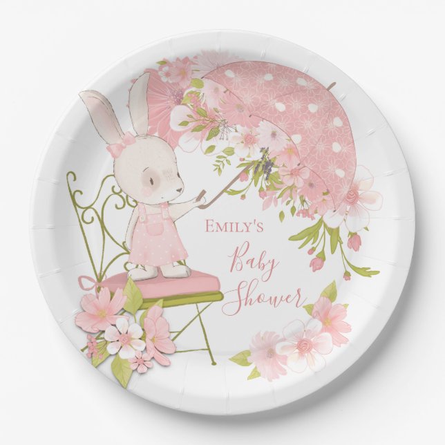 Cute Bunny Pink Florals Girl Baby Shower Paper Plates (Front)