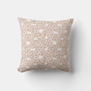 Cute Bunny Pink Flowers Pattern Spring Summer Throw Pillow