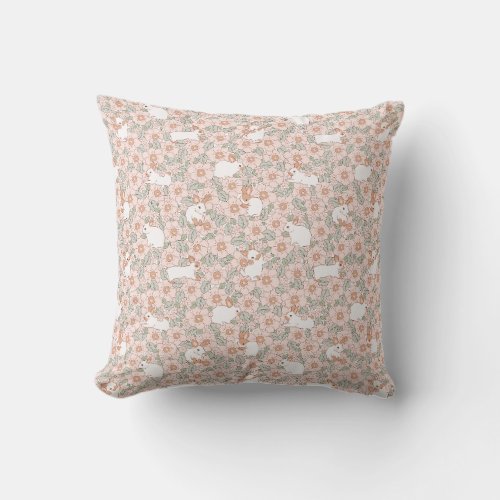 Cute Bunny Pink Flowers Pattern Spring Summer  Throw Pillow