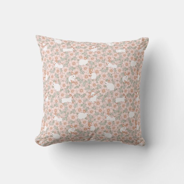 Cute Bunny Pink Flowers Pattern Spring Summer  Throw Pillow (Front)