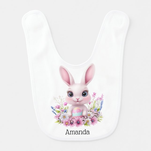 Cute Bunny Pink Flowers with Easter Egg Baby Bib (Front)