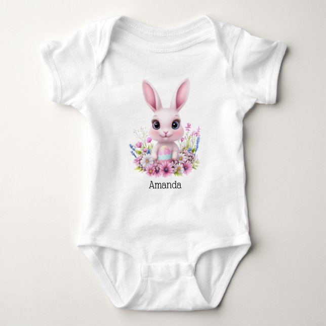 Cute Bunny Pink Flowers with Easter Egg Baby Bodysuit (Front)