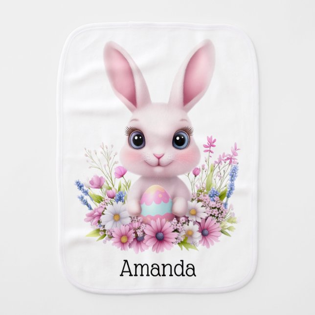 Cute Bunny Pink Flowers with Easter Egg Baby Burp Cloth (Front)
