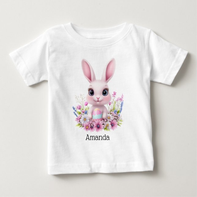 Cute Bunny Pink Flowers with Easter Egg Baby T-Shirt (Front)