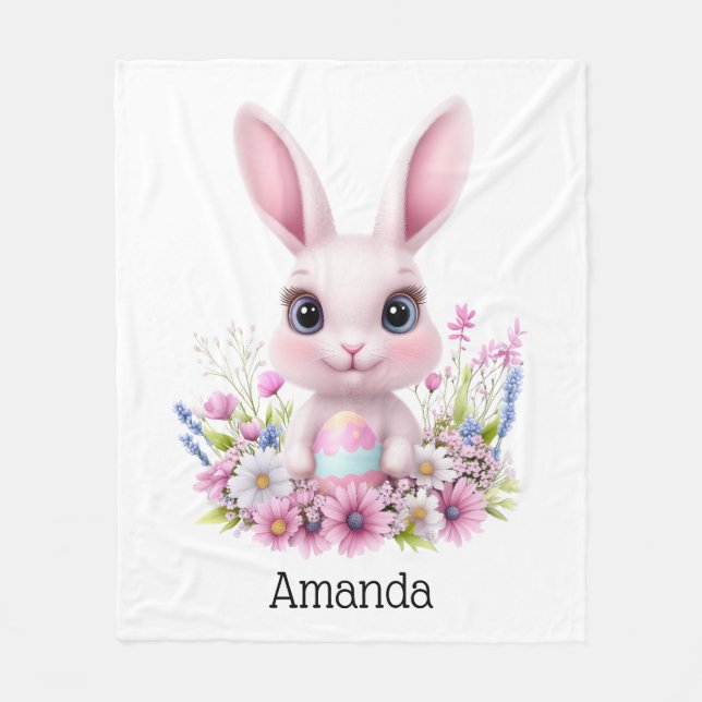 Cute Bunny Pink Flowers with Easter Egg Fleece Blanket (Front)