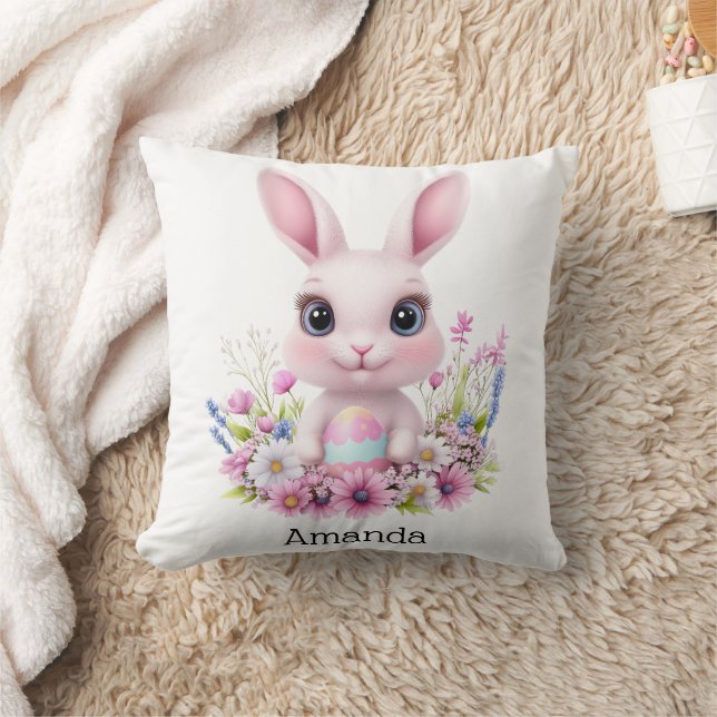Cute Bunny Pink Flowers with Easter Egg Throw Pillow (Blanket)