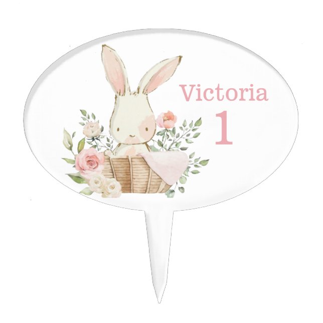 Cute Bunny Pink Girl Personalized Birthday Cake Topper (Front)