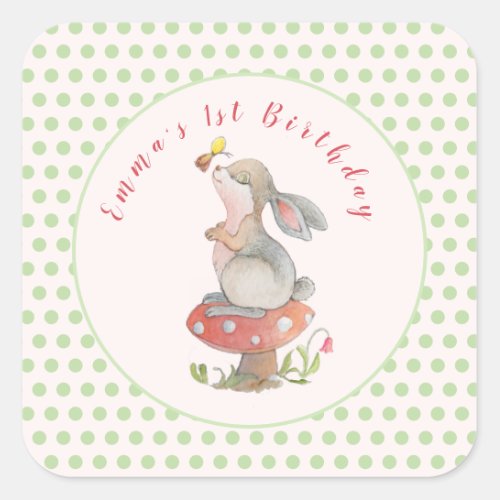 Cute Bunny Pink  green polka dot Square Sticker