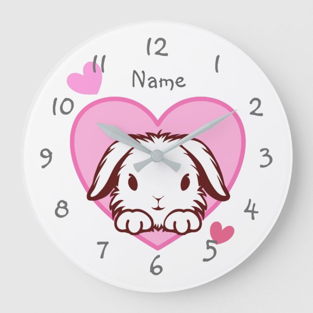 Cute Bunny Pink Heart Large Clock (Front)