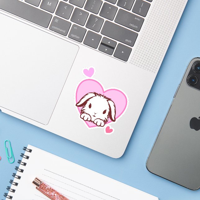 Cute Bunny Pink Heart Sticker (Laptop w/ iPhone)