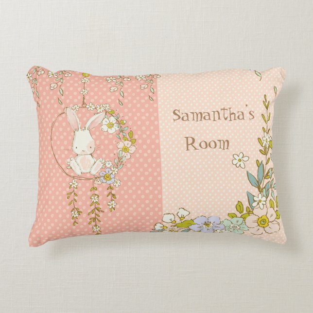 Cute Bunny Pink Polka Dot Accent Pillow (Front)