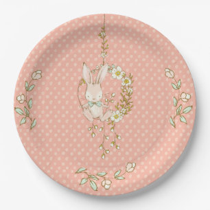 Cute Bunny Pink Polka Dot Baby Shower Paper Plates