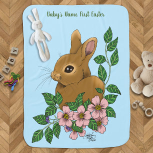 Cute Bunny Pink Spring Flowers Woodland Rabbit  Baby Blanket