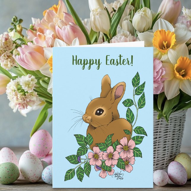 Cute Bunny Pink Spring Flowers Woodland Rabbit  Card (Creator Uploaded)