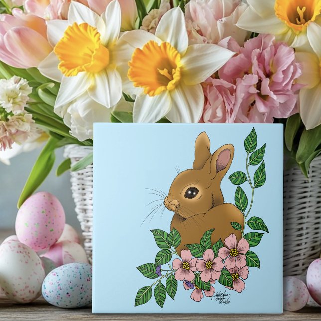 Cute Bunny Pink Spring Flowers Woodland Rabbit  Ceramic Tile (Creator Uploaded)