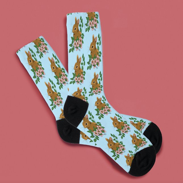 Cute Bunny Pink Spring Flowers Woodland Rabbit  Socks (Creator Uploaded)