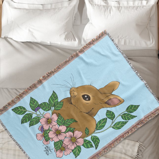 Cute Bunny Pink Spring Flowers Woodland Rabbit  Throw Blanket (Creator Uploaded)