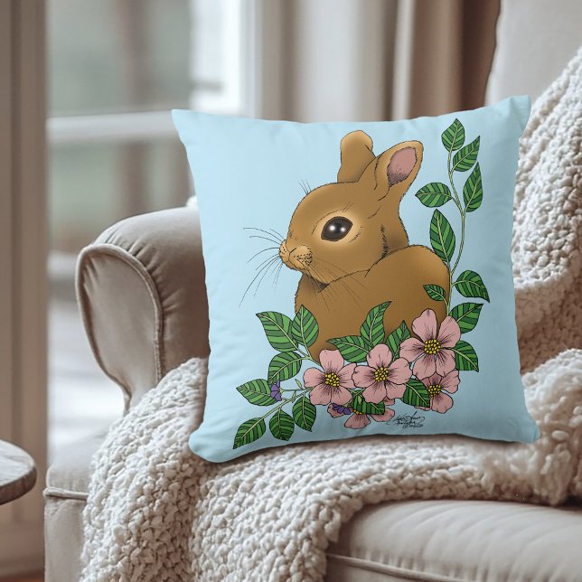 Cute Bunny Pink Spring Flowers Woodland Rabbit  Throw Pillow (Creator Uploaded)