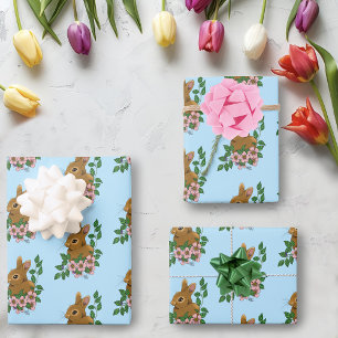 Cute Bunny Pink Spring Flowers Woodland Rabbit  Wrapping Paper Sheets