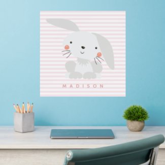 Cute Bunny - Pink Striped Nursery or Kids Bedroom Wall Decal
