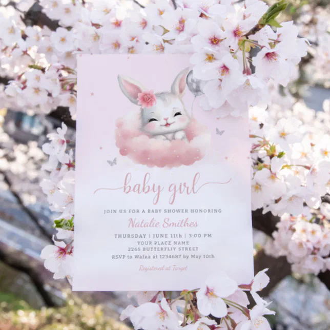 Cute Bunny Pink Watercolor Boho Girl Baby Shower Invitation | Zazzle