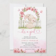 Cute Bunny Pink Watercolor Boho Girl Baby Shower 