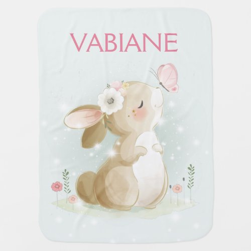 Cute Bunny Pink Watercolor Personalized Name Girl  Baby Blanket