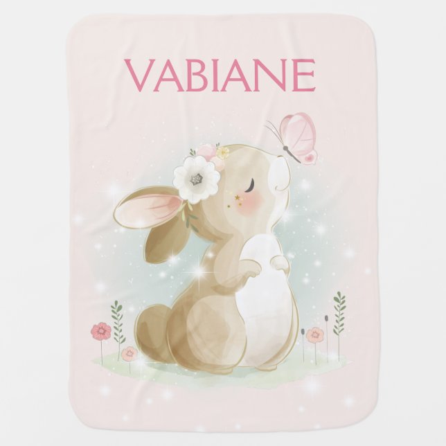 Cute Bunny Pink Watercolor Personalized Name Girl  Baby Blanket (Front)