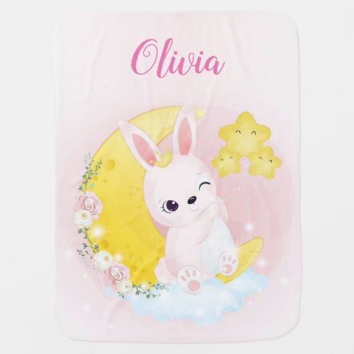 Cute Bunny Pink Watercolor Personalized Name Girl Baby Blanket