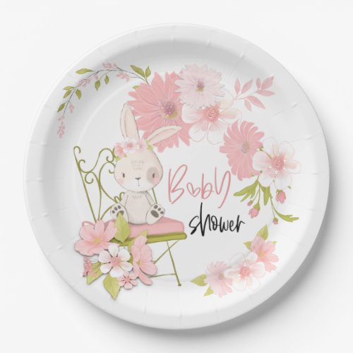 Cute Bunny Pink White Floral Frame Baby Shower Paper Plates