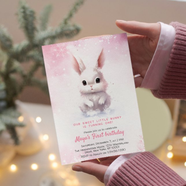 Cute Bunny Pink Winter Custom Birthday Party Invitation (Creator Uploaded)