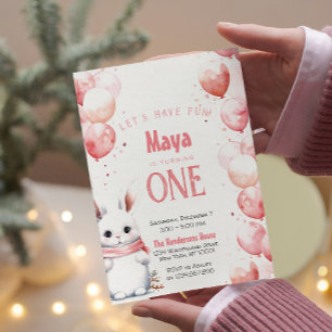 Cute Bunny Pink Winter Custom Birthday Party Invitation
